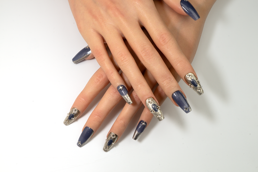 Deep Sea Cat Eye Press On Nails | Metal Relief Handmade Long Coffin