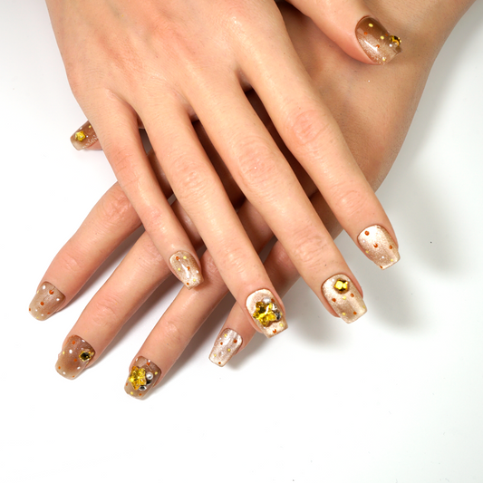 3D Star Gold Cat Eye Coffin Press-On Nails