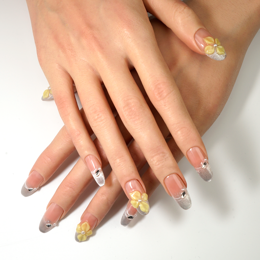 Pink-Yellow Floral Oval Press-On Nails