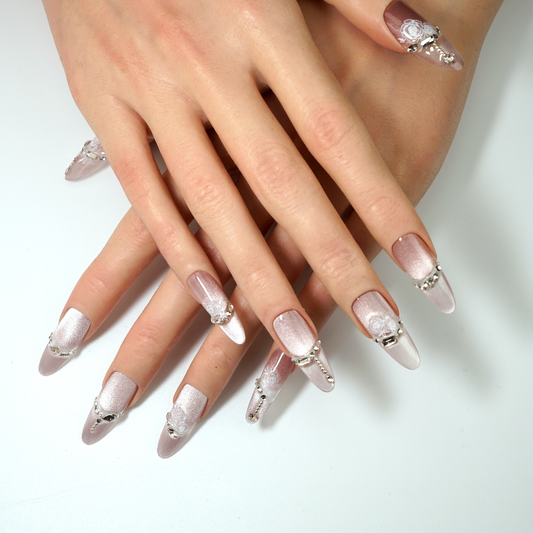 White Rose Crystal Oval Press-On Nails