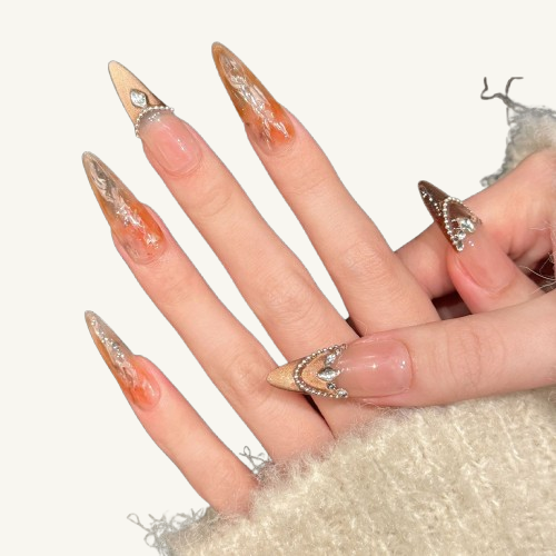 Desert Sand Press-On Nails | Handmade Gold Brown Cat Eye Stiletto