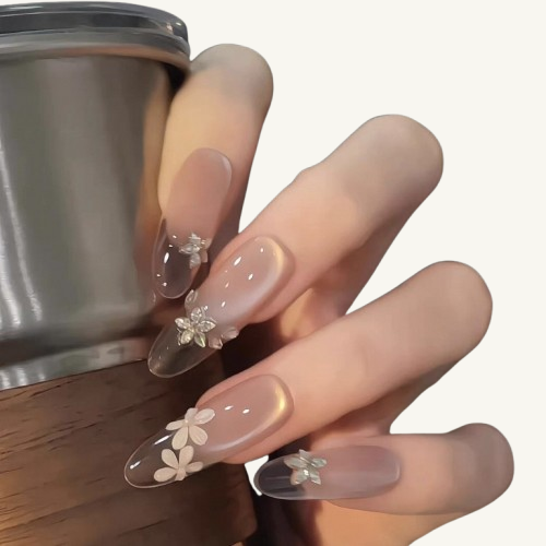 Dewdrop Fleur Press-On Nails | Handmade Cat Eye French Flower Oval