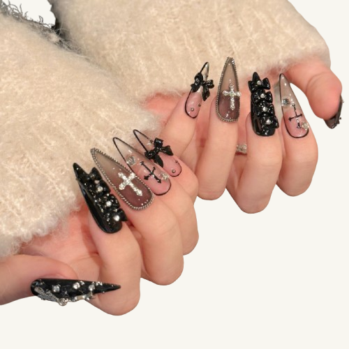 Gothic Cross Press-On Nails | Long Stiletto Handmade Fake Nails