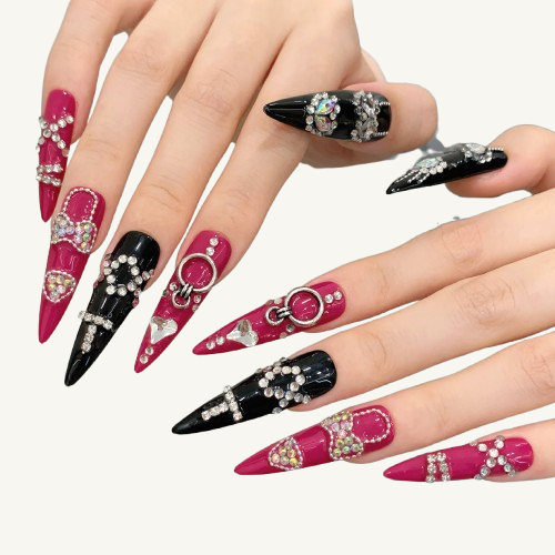 Love's Chains Press-On Nails | Handmade Pink Black Jewel Stiletto