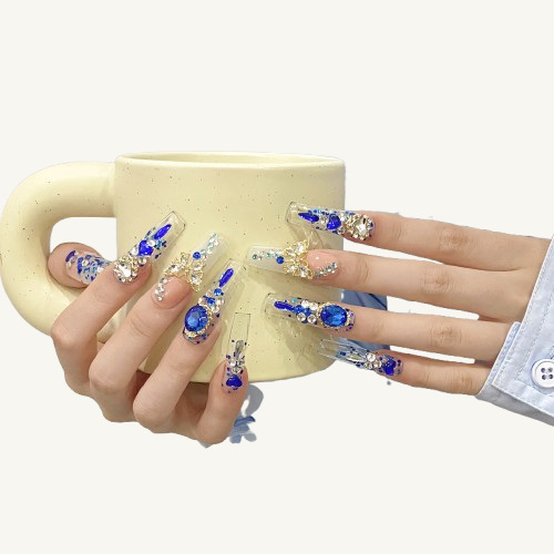 Luxury Sapphire Press-On Nails | Long Square Handmade Fake Nails