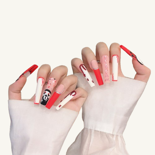 Red Bottom Halloween Nails | Red Rhinestone Drips Coffin Style