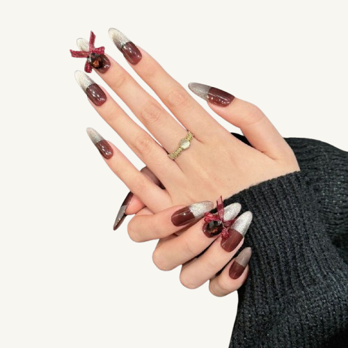 Red Wine Party Press-On Nails | Handmade Brown Glitter Bow Oval