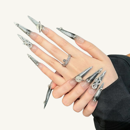 Silver Glitter Ombre Nails | Luxury Handmade Jeweled Stiletto