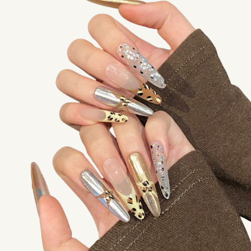 Trend Jigsaw Press-On Nails | Handmade Leopard Metal French Stiletto