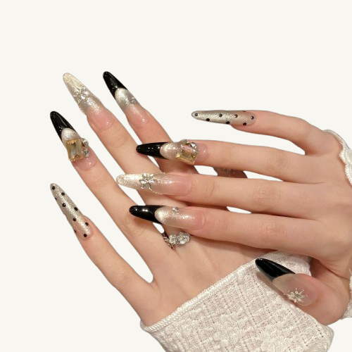 Vintage Crystal Press-On Nails | Handmade Cat Eye Flower Stiletto