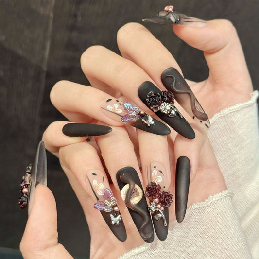 Burgundy Rose Butterfly Long Stiletto Press-On Nails