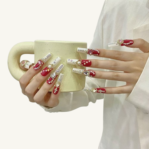 Heart Pearl Press On Nails | Red Diamond Handmade Long Coffin