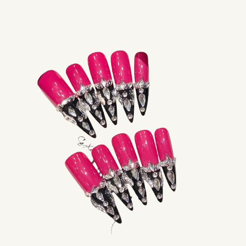 Hot Pink & Black Press-On Nails | Long Stiletto Handmade Fake Nails