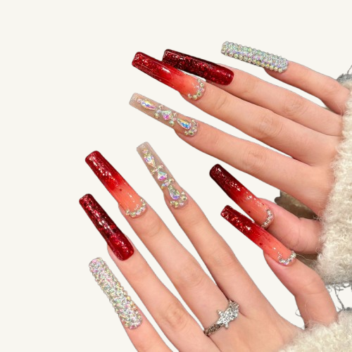 Red Glitter Ombre Press-On Nails | Long Coffin Handmade Fake Nails