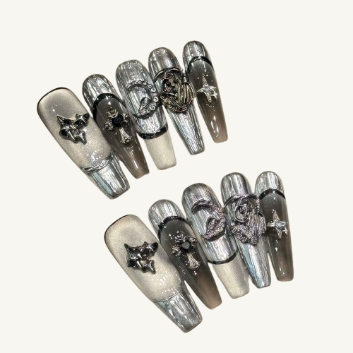 Midnight Chronicle Press-On Nails | Handmade Chrome Silver Coffin