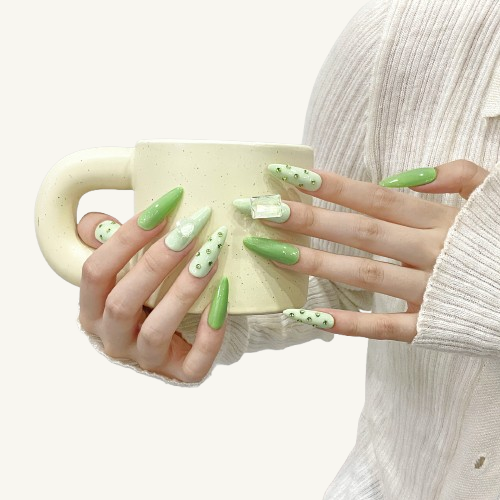 Avocado Green Studded Press-On Nails | Hand-Set Design Long Almond Nails