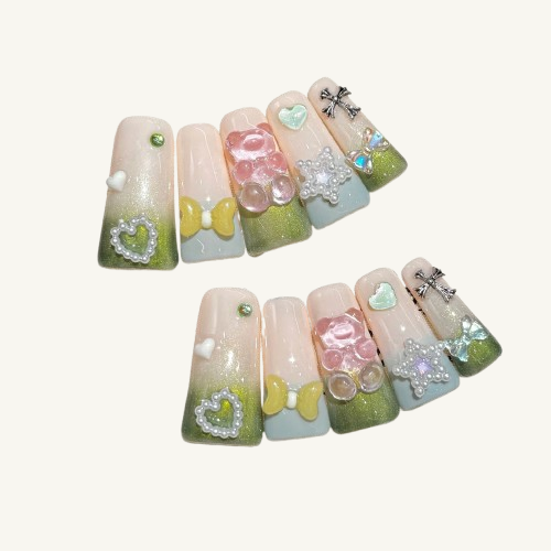 Gummy Bear Picnic Press-On Nails | Handmade Jelly Bear Bow Long Square