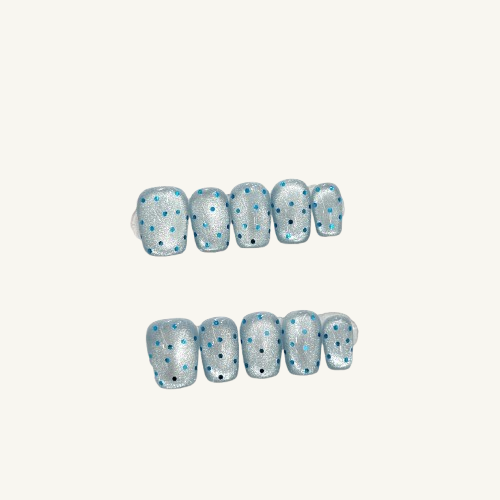 Summer Vibe Press-On Nails | Handmade Silver Blue Glitter Mix Coffin