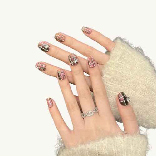 Sweetheart Trap Press-On Nails | Handmade Pink Brown Plaid Coffin