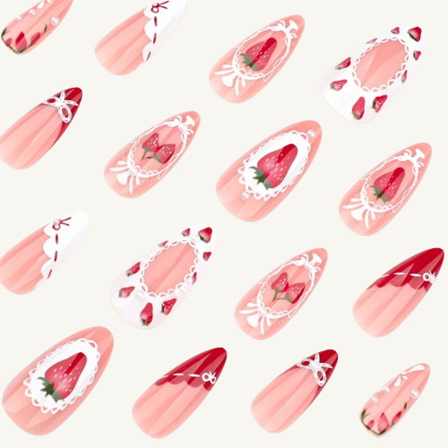 Strawberry Pearl Press-On Nails | Bow & Lace Medium Almond