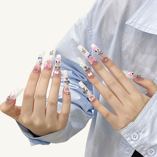 3D Cow Press-On Nails | Long Square Handmade Fake Nails