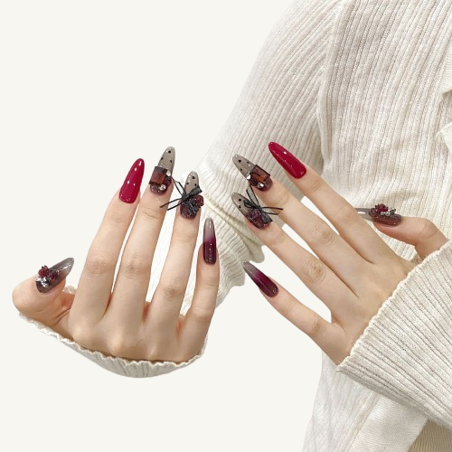 Wine Red Gem Press-On Nails | Long Almond Handmade Fake Nails