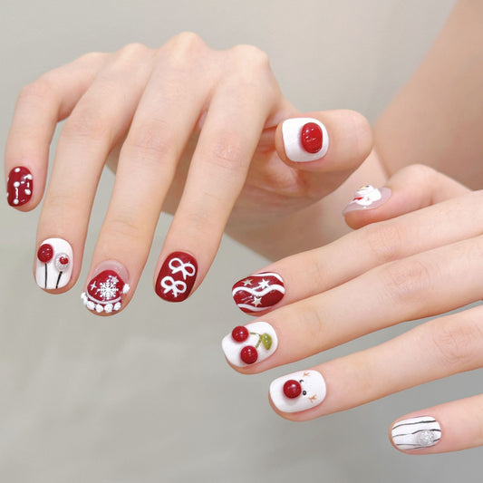 Red-White Christmas Cherry Press-On Nails