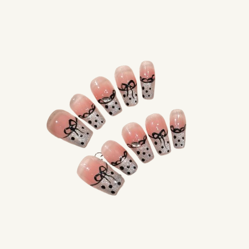Sweetheart Dot Press-On Nails | Handmade Bow Glitter Coffin