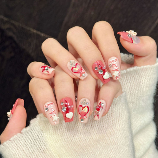 Pink Heart Short Trapezoid Press-On Nails