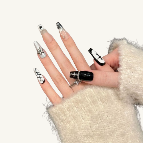 Black & White Graffiti Press-On Nails | Handmade Coffin Fake Nails