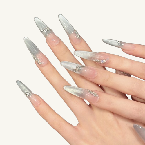 Misty Rose Press-On Nails | Handmade Pink Grey Ombre Leaf Stiletto