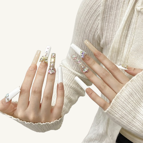 Milky White & Nude Brown Press-On Nails | Long Handmade Square Nails
