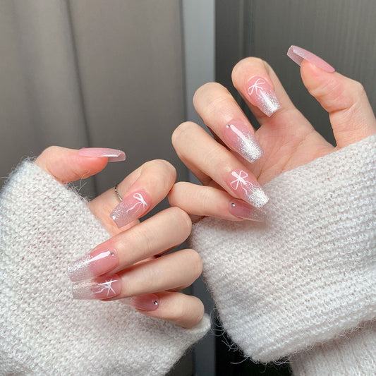 Pink Translucent Silver Glitter Press-On Nails