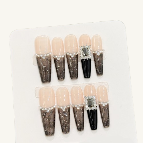 Midnight Pearl Press-On Nails | Handmade French Crystal Pearl Coffin