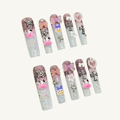 3D Cow Press-On Nails | Long Square Handmade Fake Nails