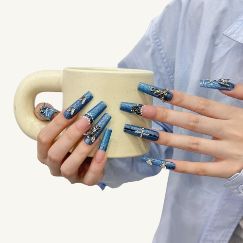 Gothic Rose Press On Nails | Denim Blue Handmade Long Square