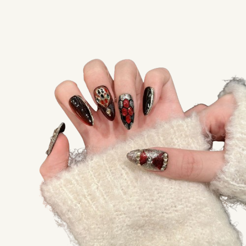 Red & Black Scale Press-On Nails | Handmade Stiletto Fake Nails
