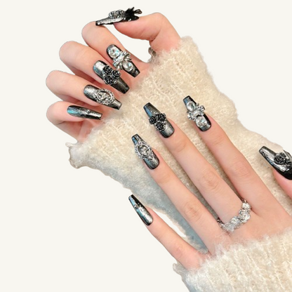 Midnight Rose Press-On Nails | Handmade Gothic Black Rose Coffin