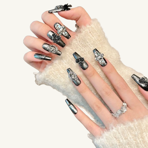 Midnight Rose Press-On Nails | Handmade Gothic Black Rose Coffin