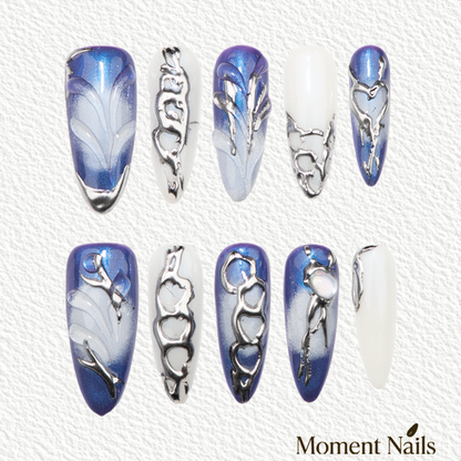 Purple & White Liquid Silver Chrome  Press-On Nails