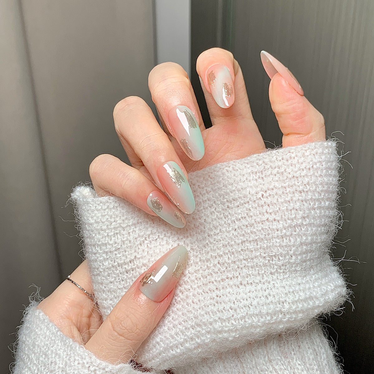 Pastel Gradient Gold Leaf Almond Press-On Nails