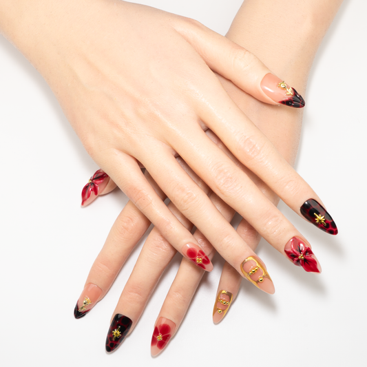 Red 3D Flower & Gold Chrome Press-On Nails