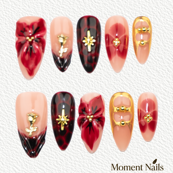 Red 3D Flower & Gold Chrome Press-On Nails