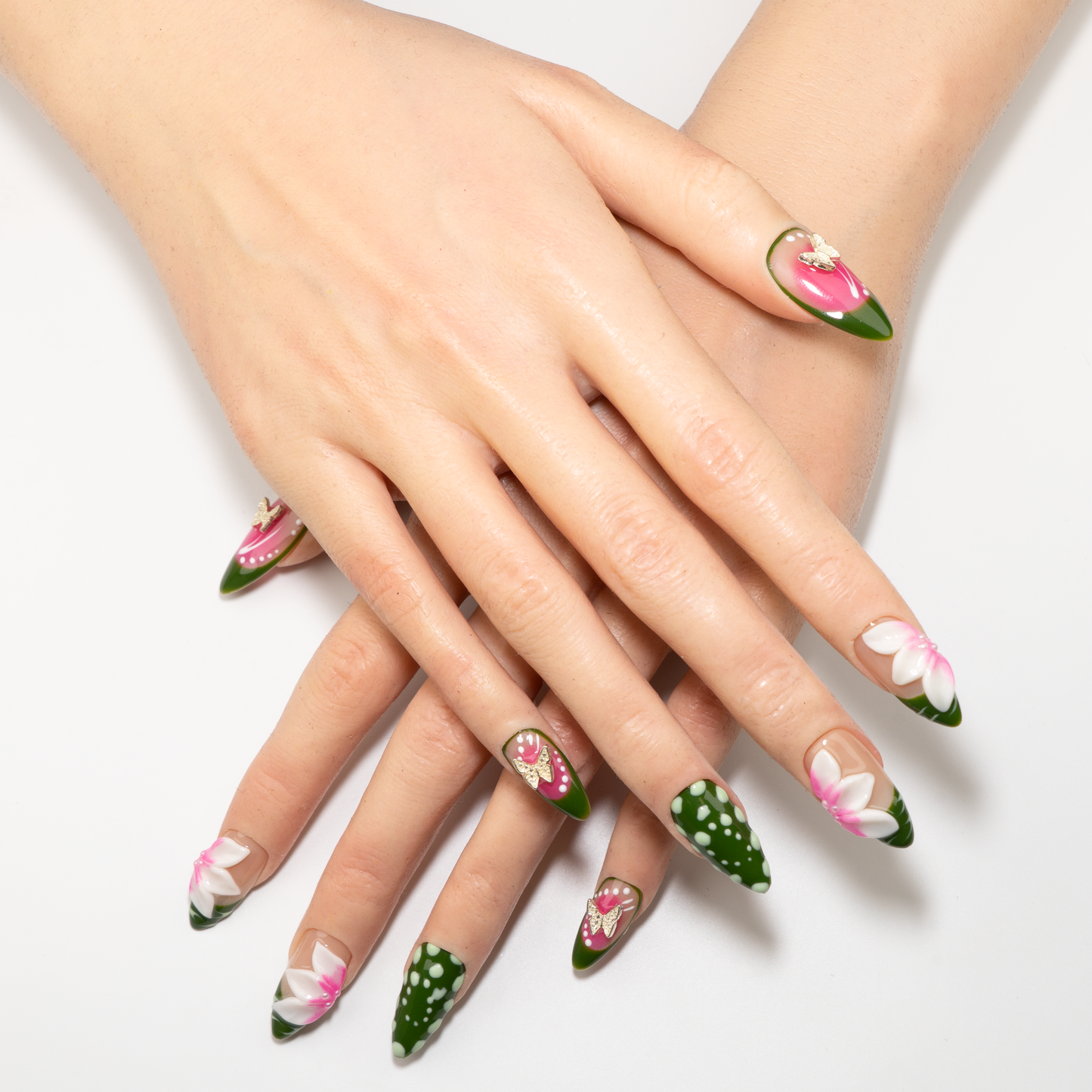 Green & Pink 3D  Butterfly Press-On Nails