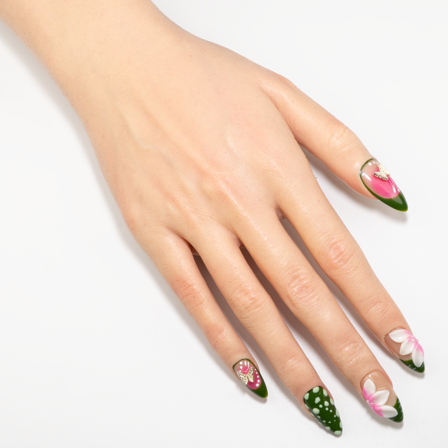 Green & Pink 3D  Butterfly Press-On Nails