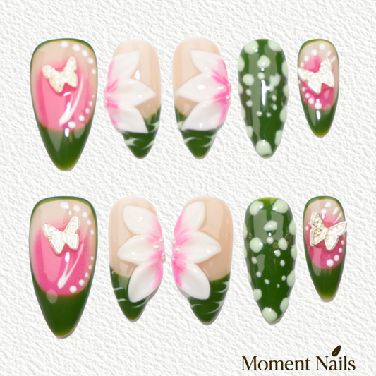 Green & Pink 3D  Butterfly Press-On Nails