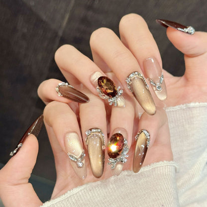 Bronze Gem Long Oval Press-On Nails