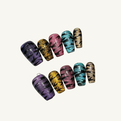 Animal Party Press-On Nails | Handmade Colorful Tiger Cat Eye Coffin