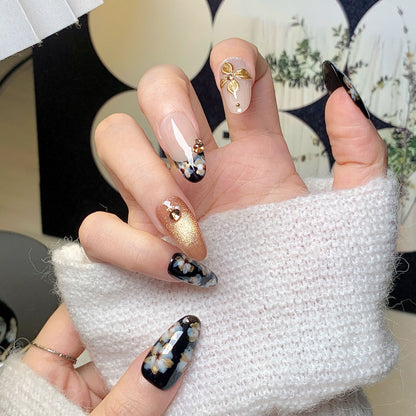 Black-Gold Floral Oval Press-On Nails
