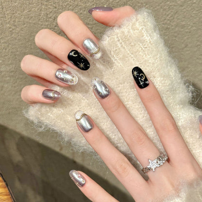 Silver Black Moon Star Oval Press-On Nails